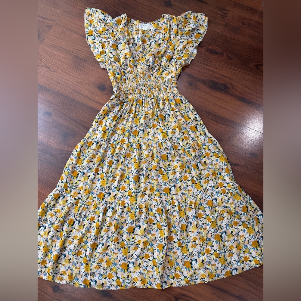 TROVATA Birds of Paradis Large Luana Dress Honey Ivy Blue Yellow Floral Midi XS